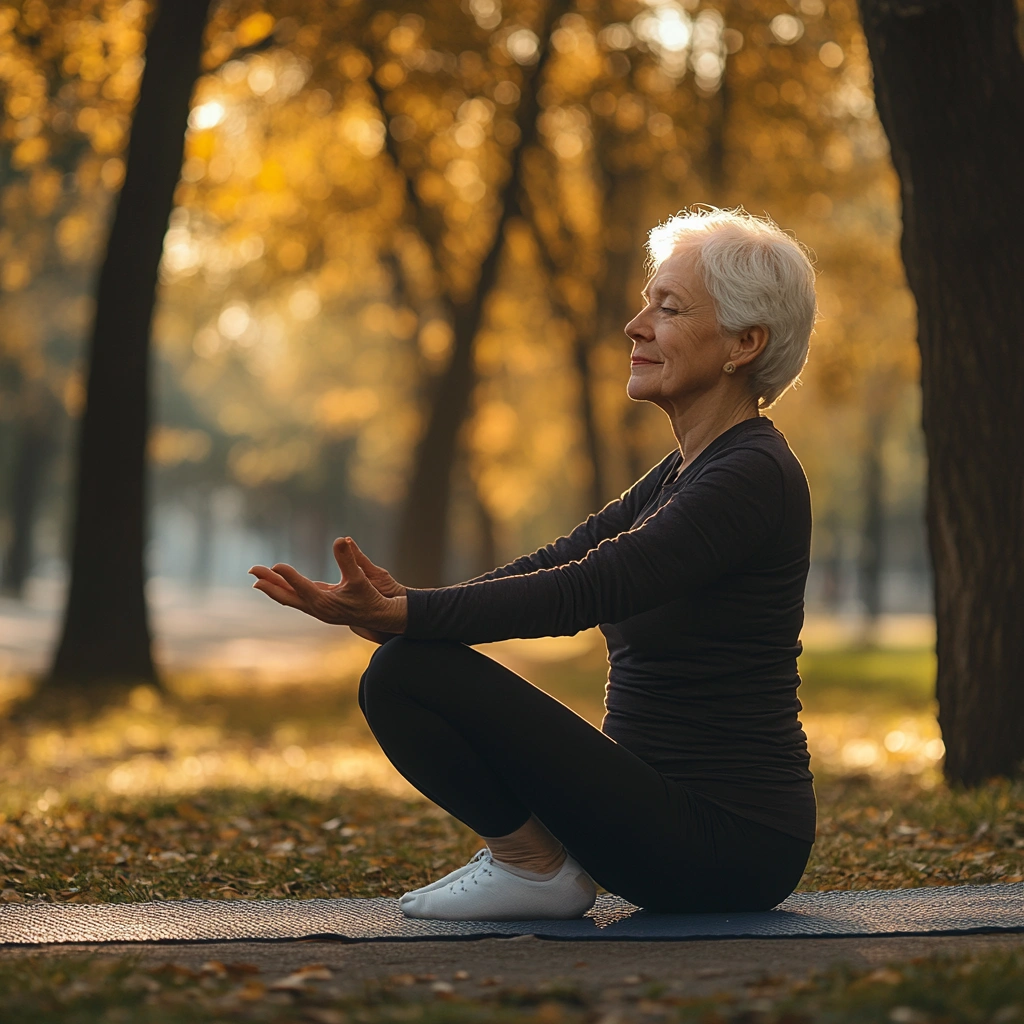 Активна старша жінка займається йогою в парку