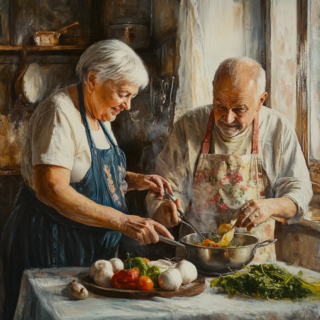 Старше подружжя готує здорову їжу разом на кухні