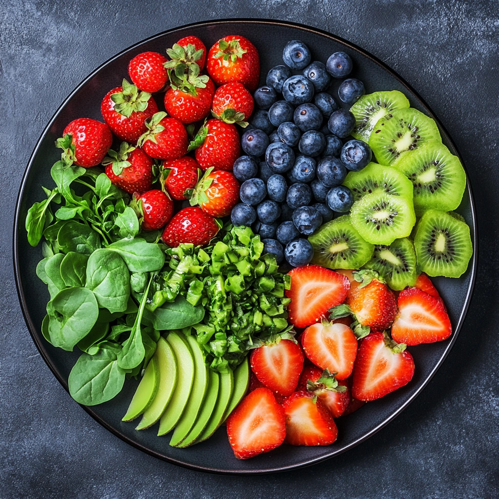 Тарілка зі свіжими фруктами та овочами