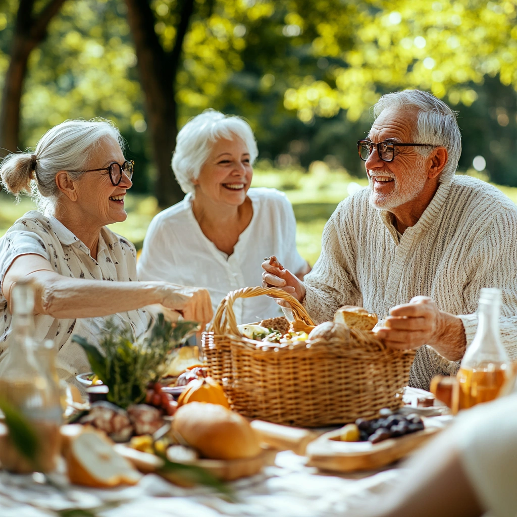 Щасливі пенсіонери насолоджуються пікніком в парку